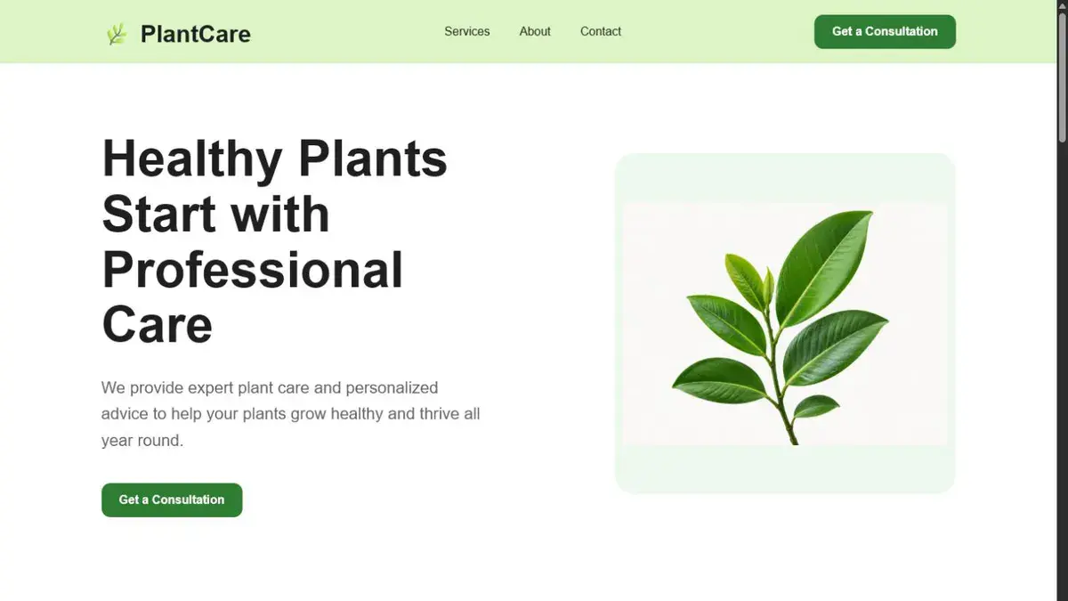 PlantCare website hero with green plant-care branding