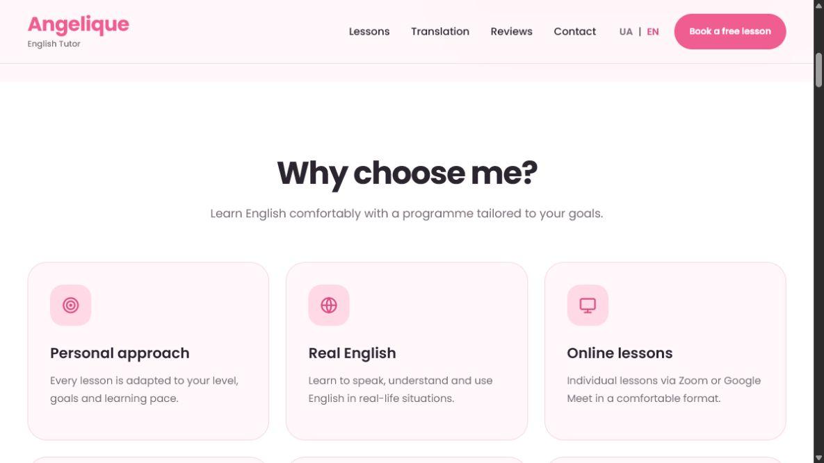 Angelique English Tutor lesson and translation service cards on desktop