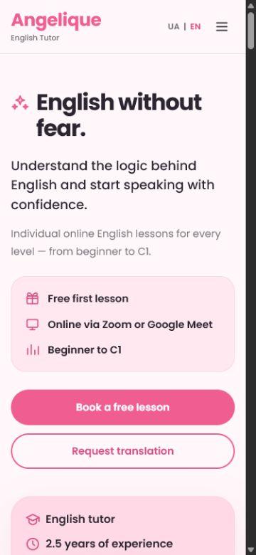 Angelique English Tutor hero shown in its mobile layout
