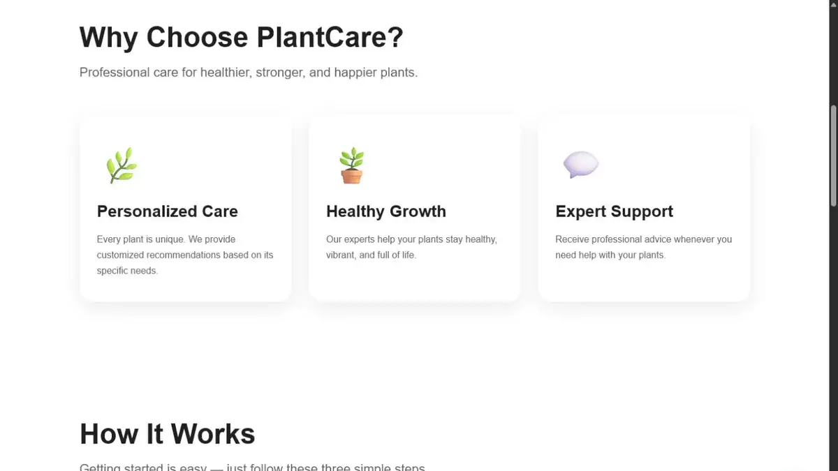 PlantCare benefits and process section shown on a desktop layout